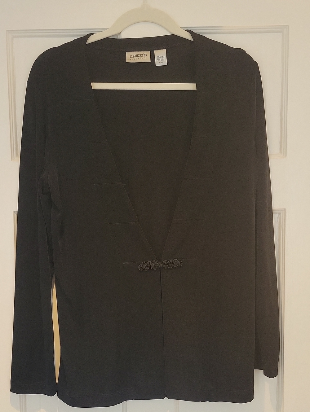 Chico's Black Open-Front Women's Jacket with Decorative Frog Closure